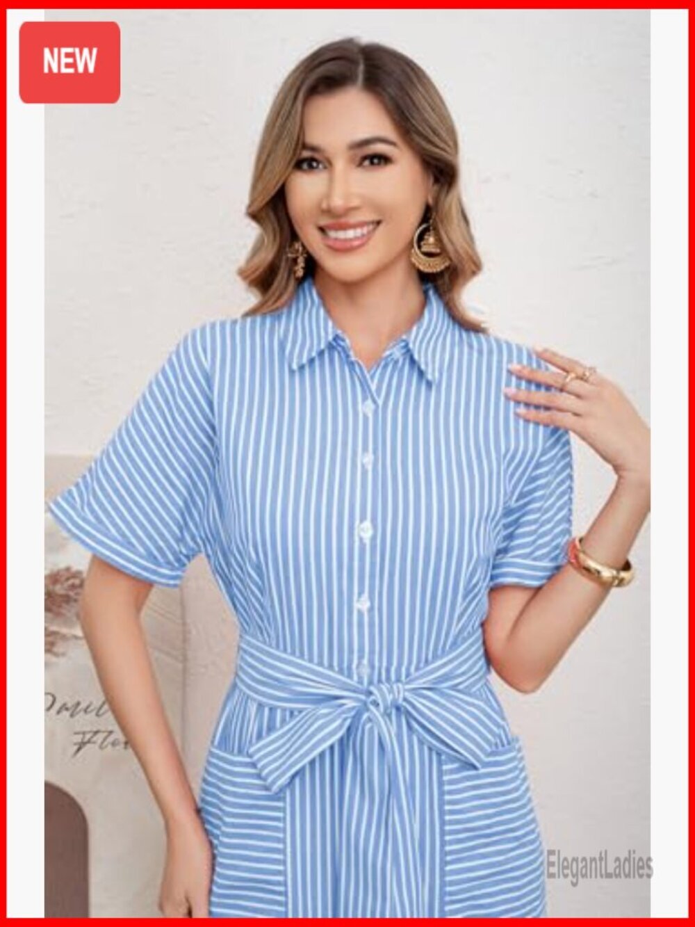 Striped Button Down Maxi Dress with Belt and Pockets - Picture 6 of 7